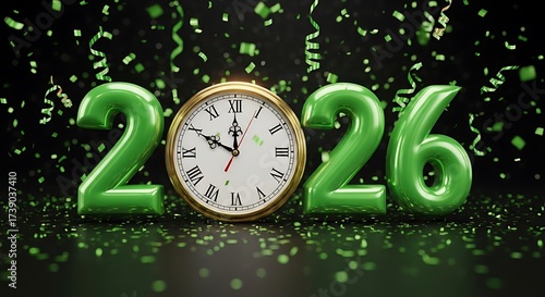 Green 2026 numbers and clock with falling confetti on black background new year celebration