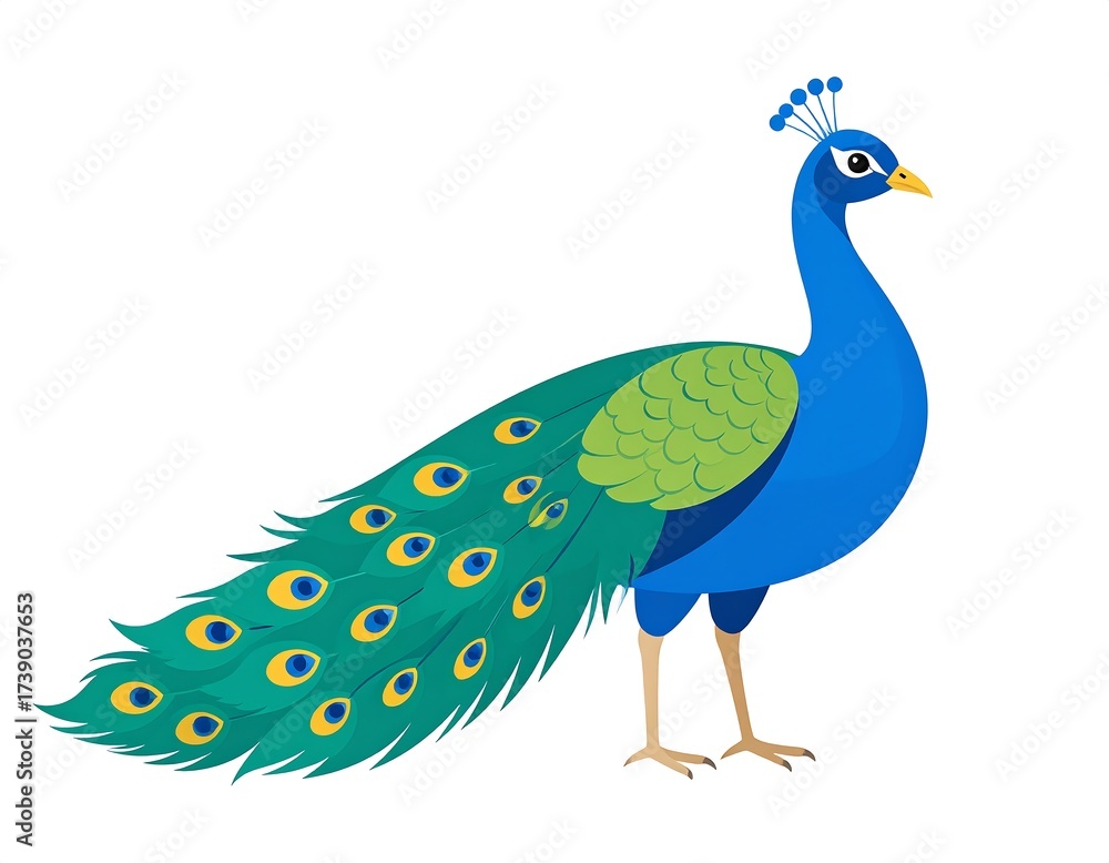 Obraz premium Illustration of a vibrant peacock isolated on a white background in a cartoon style