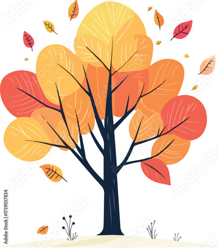 Stylized autumn tree with falling leaves in warm orange and yellow colors