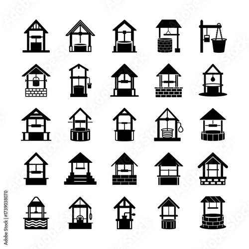 Water Well Icons Collection – High-Quality Traditional Structure Clipart for Design & Branding