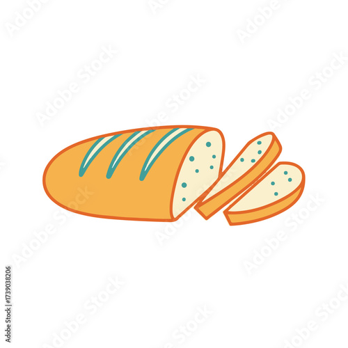 Hand drawn illustration of a sliced loaf of bread with a golden crust and visible seeds