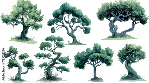 Collection of diverse artistic stylized trees with lush green foliage and textured bark