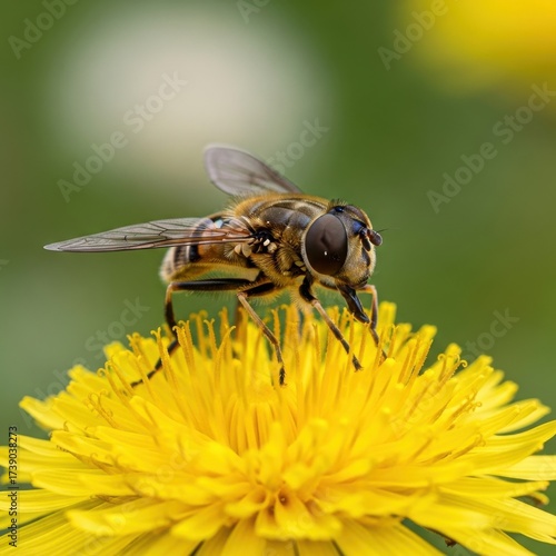 Macro capturing a hoverfly resting atop vibrant yellow dandelion blossom