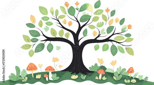 Whimsical watercolor tree with colorful leaves and enchanted forest floor mushrooms