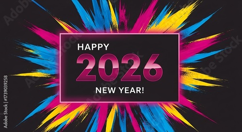 Happy 2026 New Year text with colorful abstract explosion on black background Happy New Year celebration