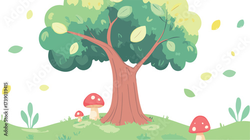 Whimsical cartoon illustration of a large leafy tree with red mushrooms on a grassy hill