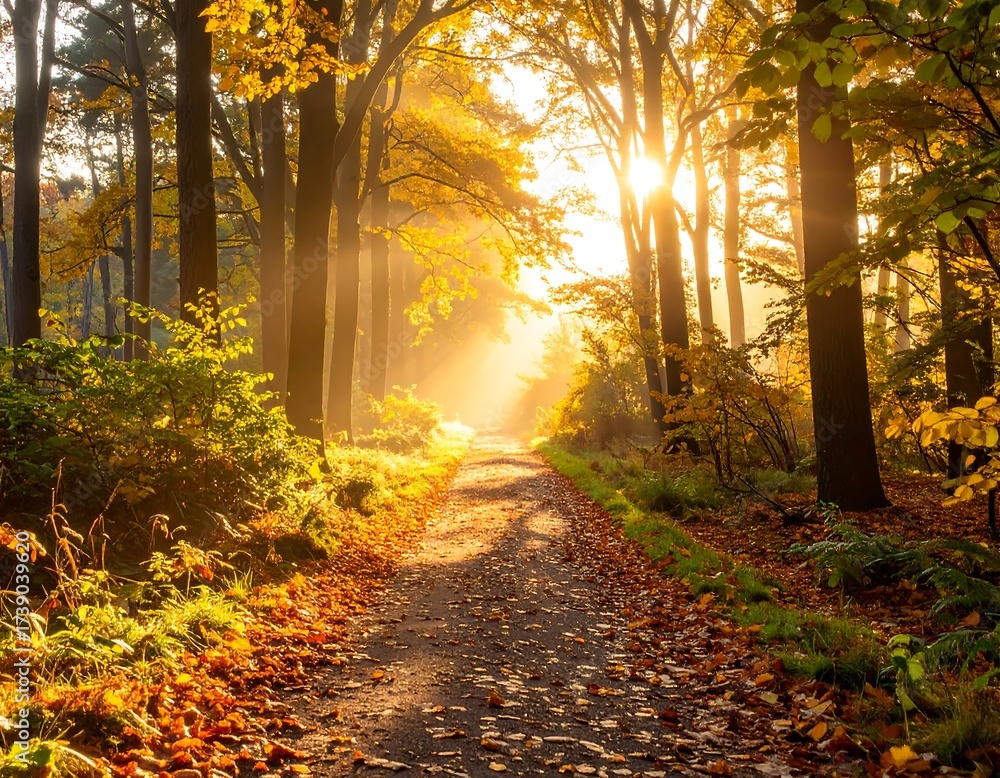 Obraz premium Forest path bathed in warm sunlight, fall foliage