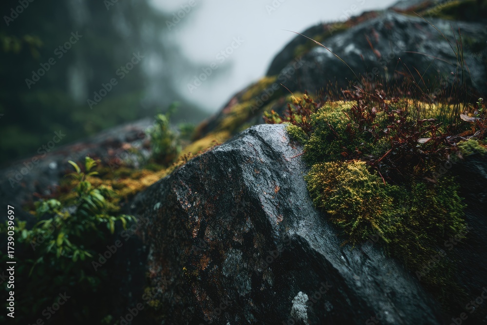 Obraz premium Close-up of mossy rocks in a misty forest