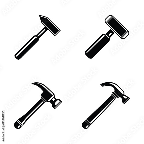 Four Black Hammer Icons on White Background tool construction 1