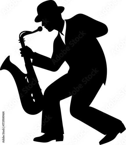 Silhouette of a jazz musician playing saxophone isolated on white background