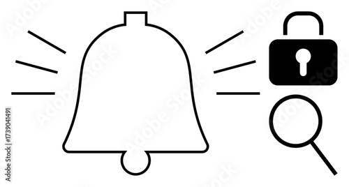 Bell signaling alert, secure lock symbol, and magnifying glass. Ideal for privacy, security, monitoring, alerts, notifications analysis online safety. Simple flat metaphor