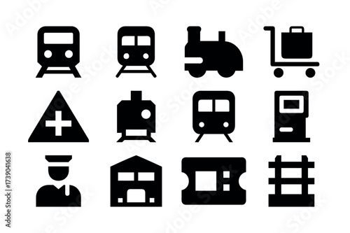 Train and Railway Icon Vector Illustration – Metro, Locomotive, Ticket, and Station Symbol Set