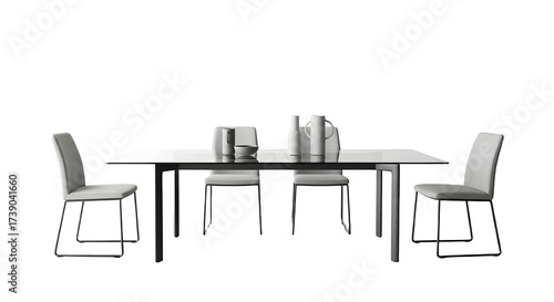 Modern dining room setup featuring a table with chairs and decorative objects