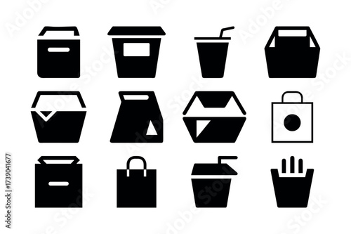 Food Packaging Icon Vector Illustration – Takeout Box, Paper Bag, Cup, and Delivery Symbol Set