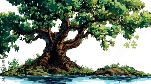 Majestic ancient oak tree with a hollow trunk stands beside calm water on a sunny day
