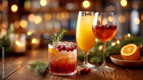 Festive holiday cocktails with fruits and herbs on wooden table and bokeh lights. elegant glasses with festive cocktails and mocktails on a decorated bar counter, cozy celebration theme