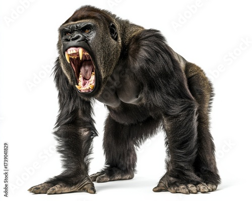 Aggressive Gorilla Roaring on White Background