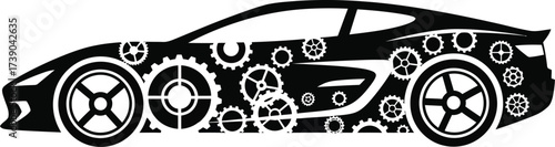 Black and white illustration of a car with gears inside, isolated on white background