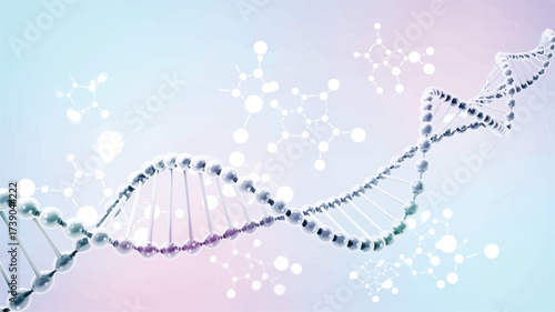 A digital illustration of a DNA helix and molecular structures against a soft pastel gradient background 