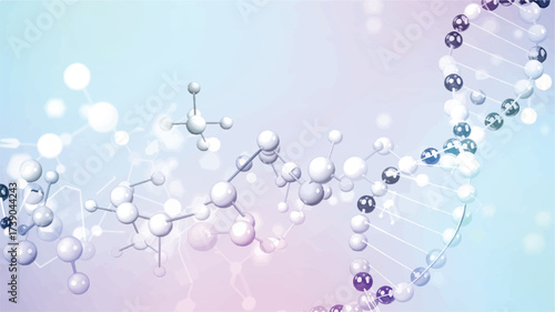 A digital illustration of a DNA helix and molecular structures against a soft pastel gradient background 