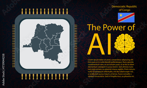 Democratic Republic of Congo map with microchip war and AI concept on circuit board, Power of AI with country map.