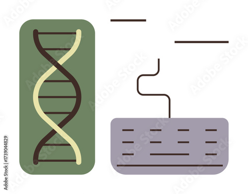 DNA strand and abstract text code on green and purple blocks. Ideal for science, research, biotechnology, genetics, DNA sequencing, biology, education. Simple flat metaphor