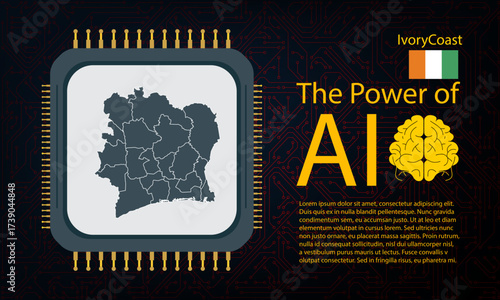 ivory Coast map with microchip war and AI concept on circuit board, Power of AI with country map. Global connectivity with big data.