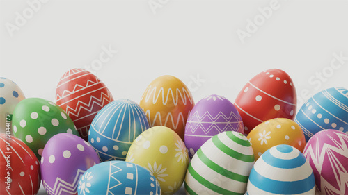 A festive collection of decorated Easter eggs arranged horizontally across the image. 