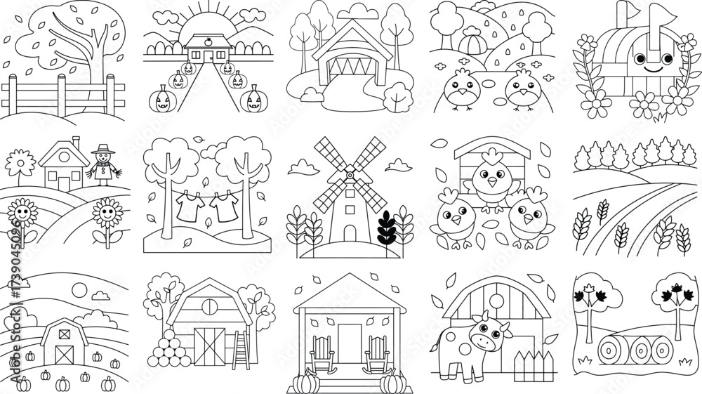 Fototapeta premium Whimsical Autumn Farm and Countryside Coloring Pages for Children Keywords: autumn, fall, farm, countryside, barn, windmill, scarecrow, pumpkin, chick, cow, bridge, tree, leaves, sun, clouds