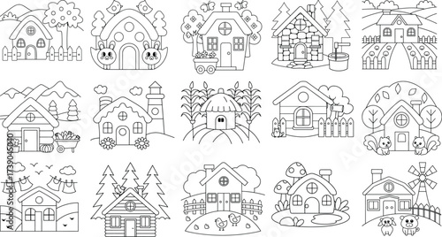 Charming Village Houses and Farm Scenes for Coloring and Rural Themed Designs Keywords: house, village, farm, rural, countryside, nature, illustration, drawing, outline, black and white, coloring