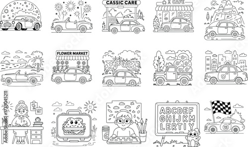 Fun Coloring Pages of Cars, Markets, and School Activities Keywords: car, convertible, truck, cafe, flower market, farm, city, fireworks, road, mountains, suitcase, sandwich, desk, girl, boy