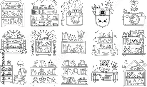 Adorable Coloring Pages Featuring Bookshelves, Cameras, and Cute Characters Keywords: bookshelf, books, camera, teddy bear, robot, owl, rose, bubbles, plant, lamp, rocking chair, art supplies