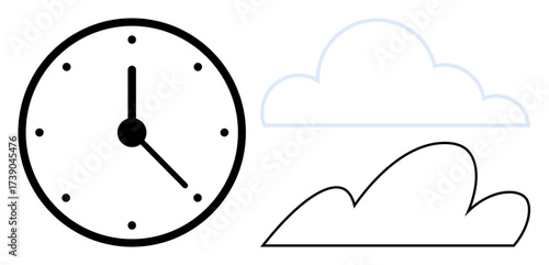 Analog clock with bold markings paired with cloud outlines. Ideal for time, weather forecasting, scheduling, simplicity, abstract concepts, minimalism, productivity. Simple flat metaphor