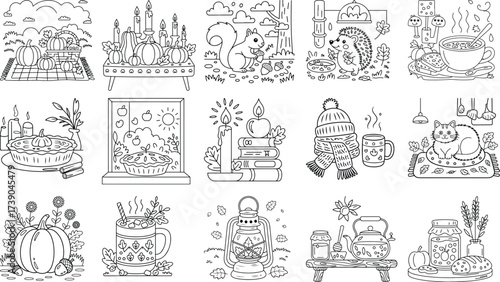 Cozy Autumn and Fall Themed Scenes with Food, Animals, and Decorations Outline Keywords: autumn, fall, pumpkin, pie, soup, tea, hot chocolate, candle, books, lantern, cat, squirrel, hedgehog