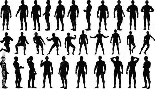 Black silhouette people poses, standing walking gestures, business man figure icons, human posture collection, vector character design, crowd illustration, gesture recognition