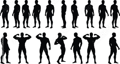 Muscular male silhouette poses, fitness body outline, bodybuilding figure flexing, strong man anatomy reference, athletic stance collection, workout exercise posture, gym training design