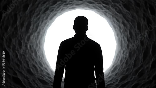Diminutive human figure stands at the entrance of a bright, radiating light within a vast, cavernous space; the textured walls and dark depths create a dramatic contrast and perspective.