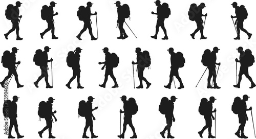 Silhouette hiking walking sequence, backpack traveler trekking poles, outdoor adventure motion cycle, animation frames human movement, hiking man profile view, sports biomechanics illustration design