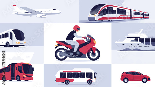 A flat design illustration of various modes of transportation arranged in a 3x3 grid against a white background.  