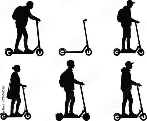 Electric scooter silhouette, people riding scooter, urban mobility illustration, black scooter icon, commuter lifestyle graphic, eco transport design, scooter rider silhouette