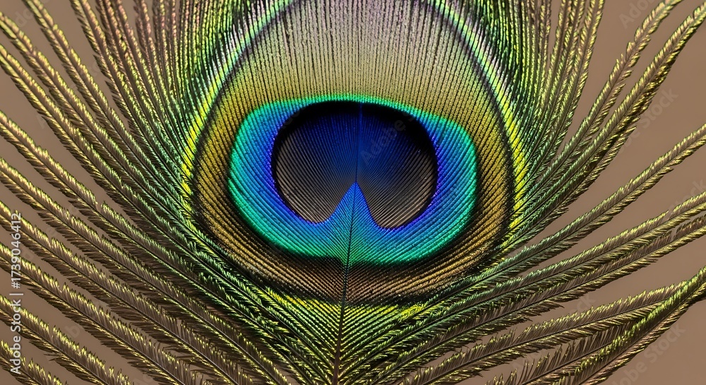 Obraz premium Close-up of a vibrant peacock feather with a striking eye pattern and iridescent colors