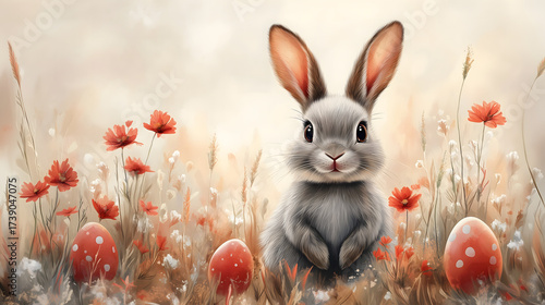 Adorable bunny sits among vibrant poppies and mushrooms in a dreamy spring meadow.