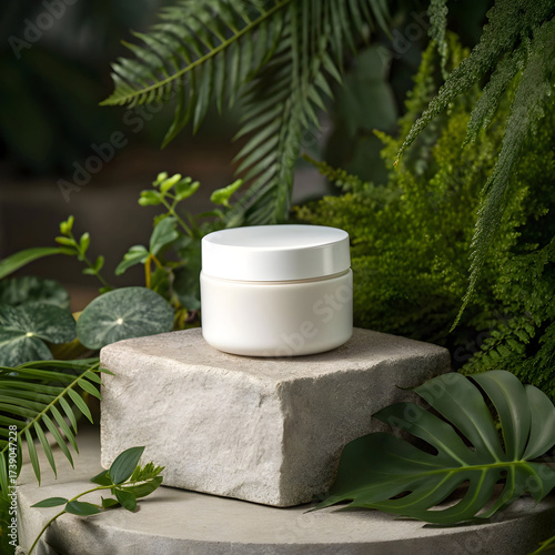 Elegant white cream jar on stone pedestal with greenery natural beauty product display