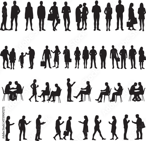 Diverse human silhouettes in various poses and interactions