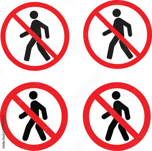 Red No Walking Prohibited Sign on transparent Background. Stop symbol. Prohibitory traffic warning sign. No walking, people forbidden icon.