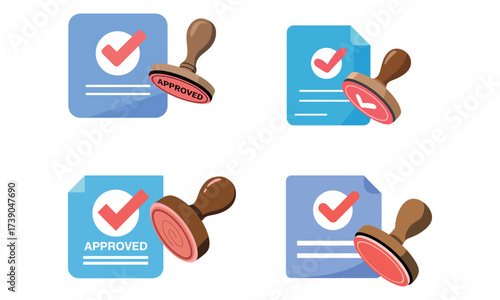 Vector approved stamps with rubber stamp and document icons
