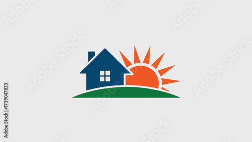 A minimalist logo design featuring a navy blue house icon with a single window and a chimney on a green curved hill 
