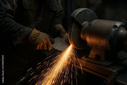 Hands in gloves expertly sharpen metal, creating a brilliant shower of sparks. This industrial process reflects skill and craftsmanship.