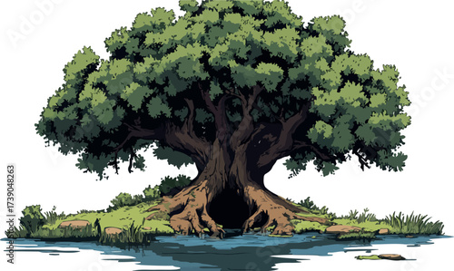 Majestic ancient oak tree with gnarled roots and lush green canopy by water