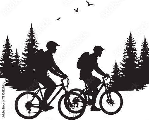 Silhouette of two cyclists riding bicycles through pine forest